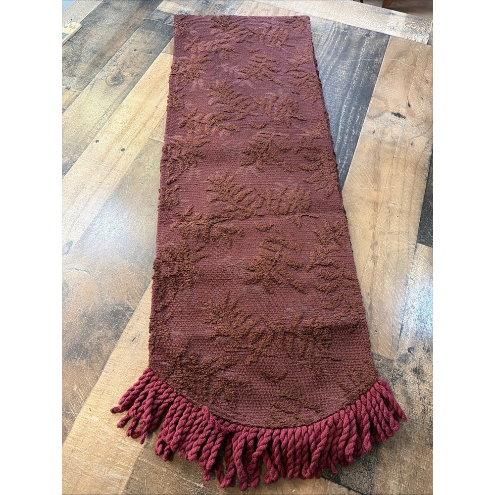 Vintage Chenille Table Runner Red Rust Floral Jacquard Fringe‎ Boho 12x70 Ornate